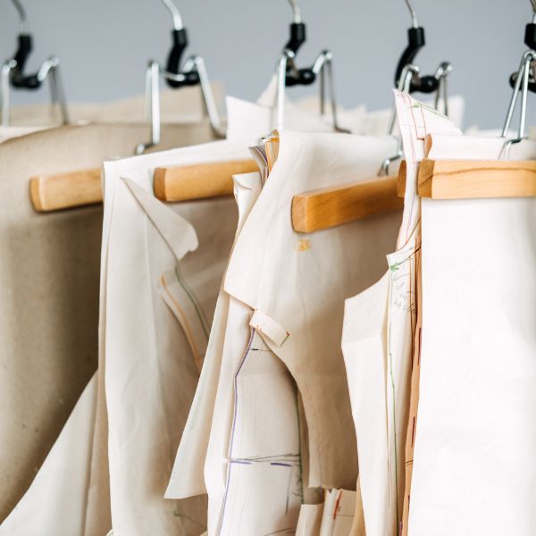 Das Bild zeigt Schnittmuster die ordentlich sortiert an Hosenbügeln hängen